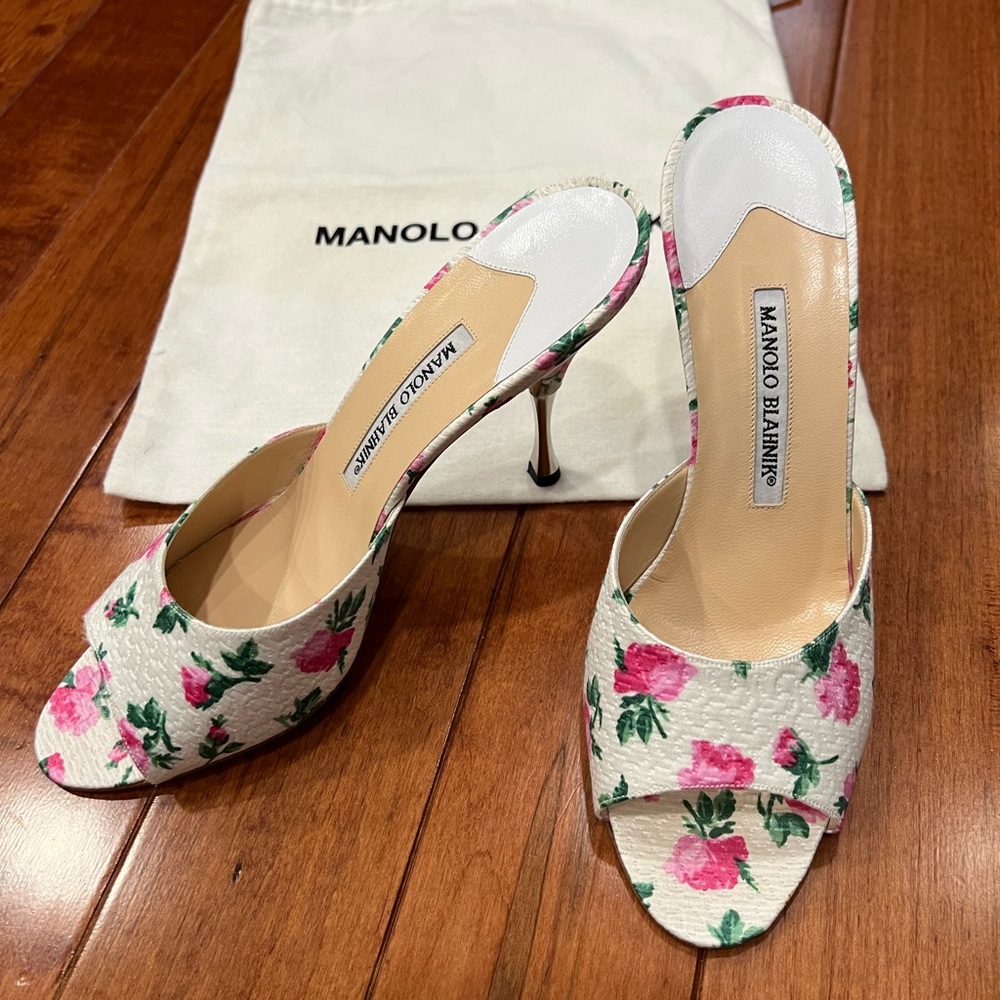Manolo Blahnik Floral Kitten Heels